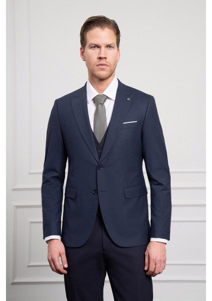 Erkek Lacivert Trend Yelekli Kombinli Yünlü Slim Fit Sivri Yaka Takım Elbise fırsatları