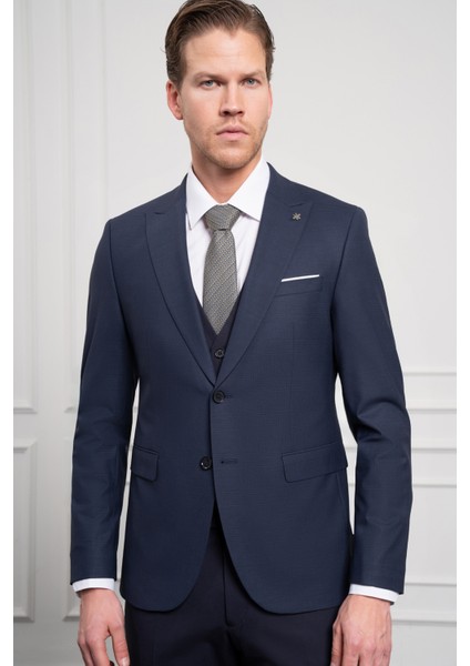 Erkek Lacivert Trend Yelekli Kombinli Yünlü Slim Fit Sivri Yaka Takım Elbise indirimleri