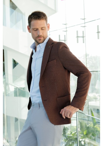 Erkek Kiremit Örme Slim Fit Torba Cep Mono Yaka Spor Ceket