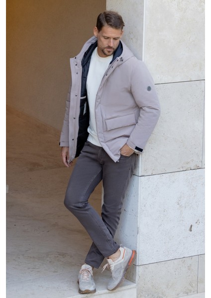 Erkek Gri Polyester Çıtçıtlı Kapüşonlu Mont