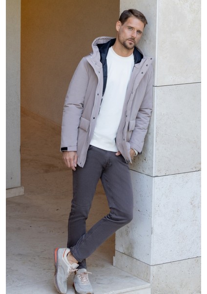 Erkek Gri Polyester Çıtçıtlı Kapüşonlu Mont fiyatları