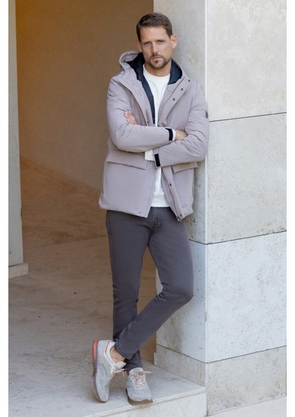 Erkek Gri Polyester Çıtçıtlı Kapüşonlu Mont modelleri