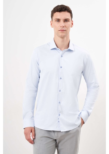 Erkek A. Mavi Basic Düz Desen Italyan Yaka Slim Fit Gömlek