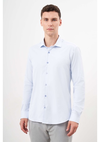 Erkek A. Mavi Basic Düz Desen Italyan Yaka Slim Fit Gömlek