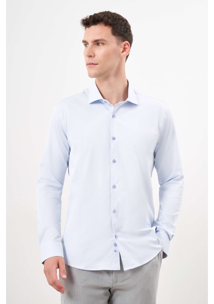 Erkek A. Mavi Basic Düz Desen Italyan Yaka Slim Fit Gömlek