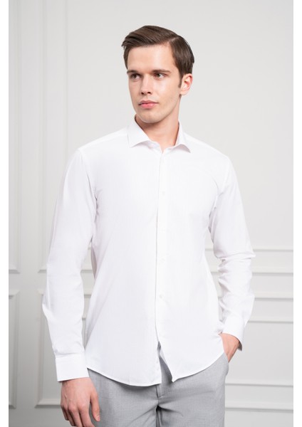 Erkek Beyaz Pamuk Trend Slim Fit Dar Kesim Italyan Yaka Gömlek