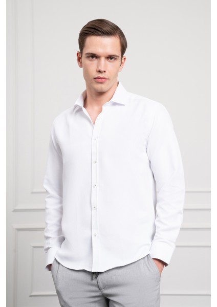 Erkek Beyaz Trend Italyan Yaka Slim Fit Dar Kesim Gömlek