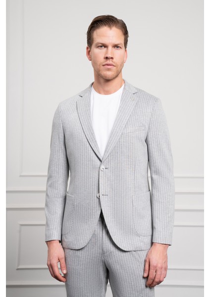 Erkek Gri Poliviskon Trend Örme Çizgili Slim Fit Mono Yaka Takım Elbise