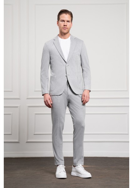 Erkek Gri Poliviskon Trend Örme Çizgili Slim Fit Mono Yaka Takım Elbise modelleri