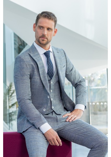 Erkek Lacivert Poliviskon Trend Yelekli Desenli Slim Fit Sivri Yaka Takım Elbise