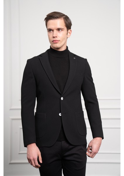 Erkek Siyah Poliviskon Dokuma Desenli Slim Fit Dar Kesim Mono Yaka Ceket