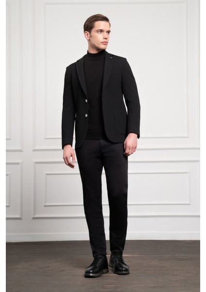 Erkek Siyah Poliviskon Dokuma Desenli Slim Fit Dar Kesim Mono Yaka Ceket fiyatları