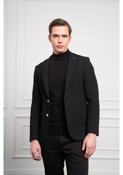 Erkek Siyah Poliviskon Dokuma Desenli Slim Fit Dar Kesim Mono Yaka Ceket modelleri