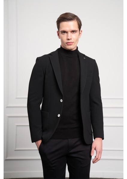 Erkek Siyah Poliviskon Dokuma Desenli Slim Fit Dar Kesim Mono Yaka Ceket fırsatları