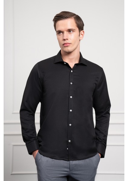 Erkek Siyah Trend Italyan Yaka Slim Fit Dar Kesim Gömlek