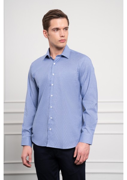 Erkek Lacivert Pamuk Trend Regular Fit Sert Yaka Gömlek