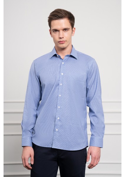 Erkek Lacivert Pamuk Trend Regular Fit Sert Yaka Gömlek