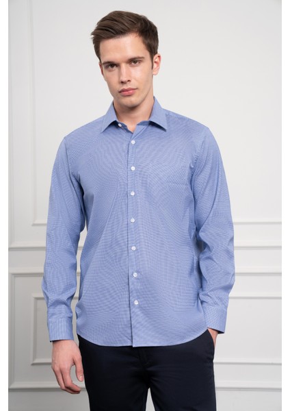 Erkek Lacivert Pamuk Trend Regular Fit Sert Yaka Gömlek