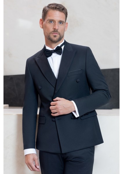 Erkek Siyah Kruvaze Sivri Çıkma Yaka Slim Fit Damatlık indirimleri
