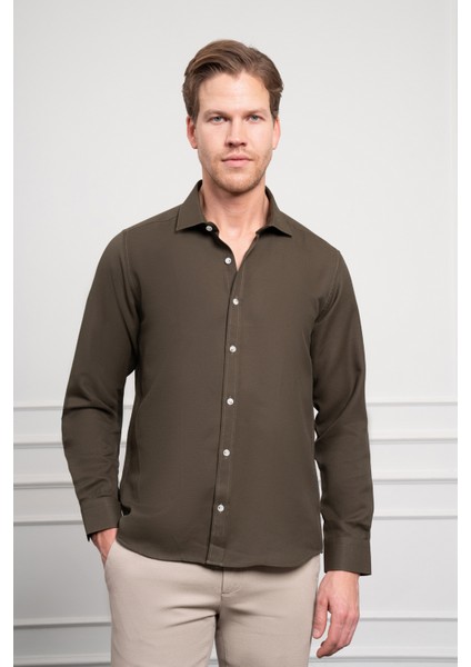 Erkek Haki Trend Italyan Yaka Slim Fit Dar Kesim Gömlek