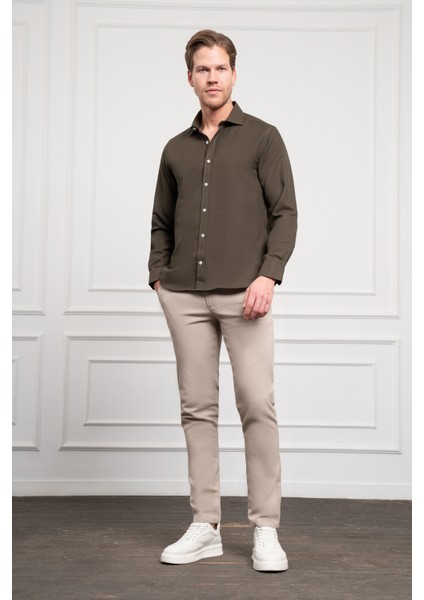 Erkek Haki Trend Italyan Yaka Slim Fit Dar Kesim Gömlek fiyatları