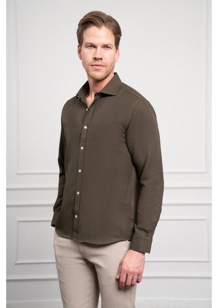 Erkek Haki Trend Italyan Yaka Slim Fit Dar Kesim Gömlek modelleri