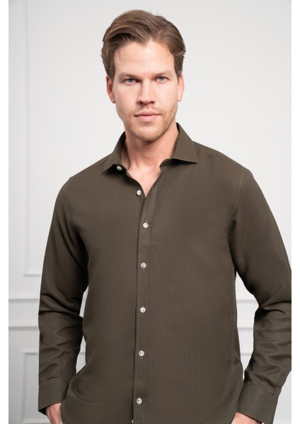 Erkek Haki Trend Italyan Yaka Slim Fit Dar Kesim Gömlek fırsatları