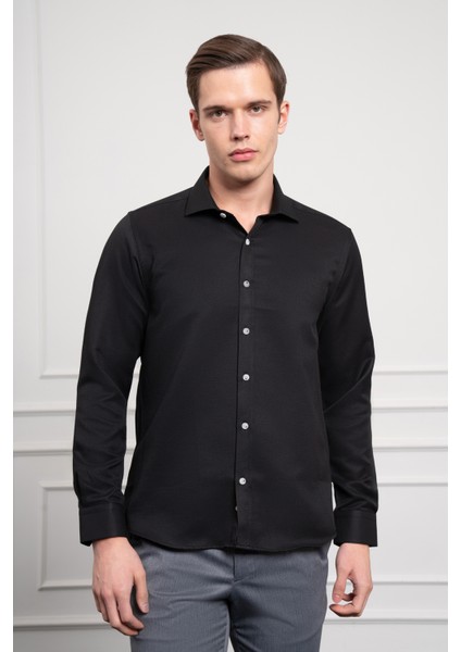 Erkek Siyah Trend Italyan Yaka Slim Fit Dar Kesim Gömlek fırsatları