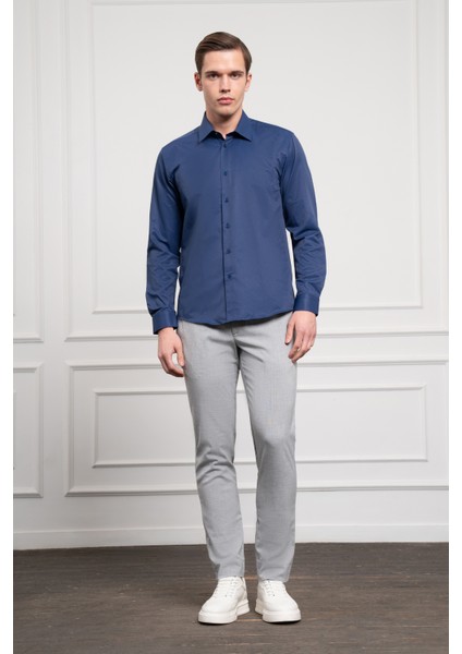 Erkek Lacivert Slim Fit Dar Kesim Sert Spor Yaka Gömlek fiyatları