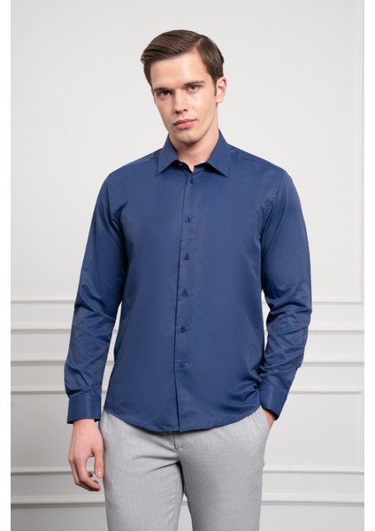 Erkek Lacivert Slim Fit Dar Kesim Sert Spor Yaka Gömlek modelleri