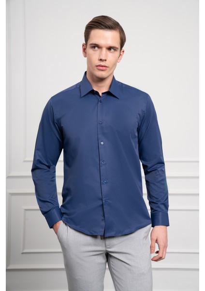 Erkek Lacivert Slim Fit Dar Kesim Sert Spor Yaka Gömlek fırsatları