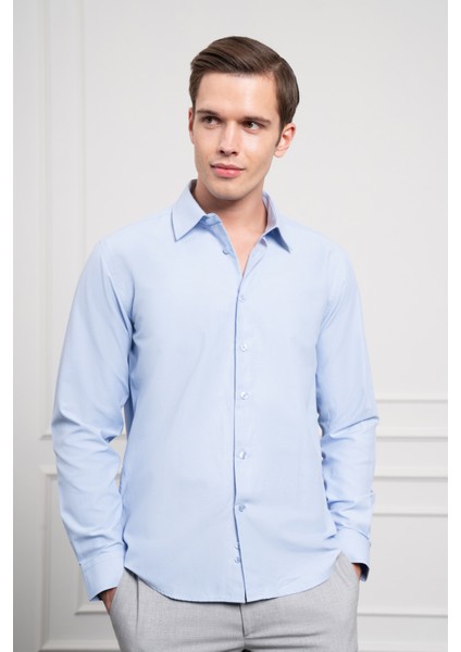 Erkek Mavi Slim Fit Dar Kesim Sert Spor Yaka Gömlek