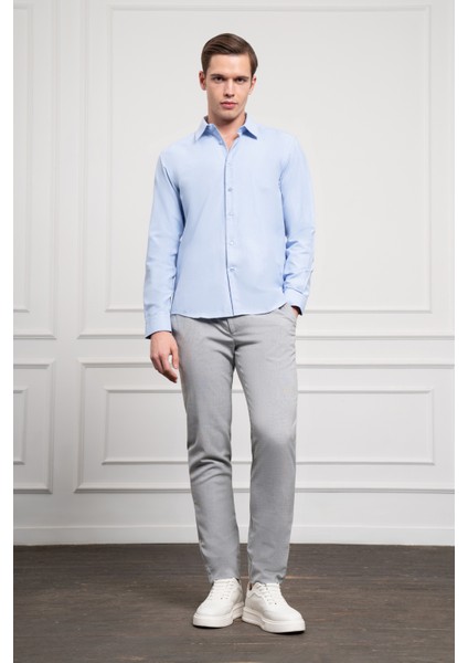 Erkek Mavi Slim Fit Dar Kesim Sert Spor Yaka Gömlek