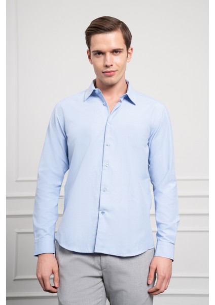 Erkek Mavi Slim Fit Dar Kesim Sert Spor Yaka Gömlek