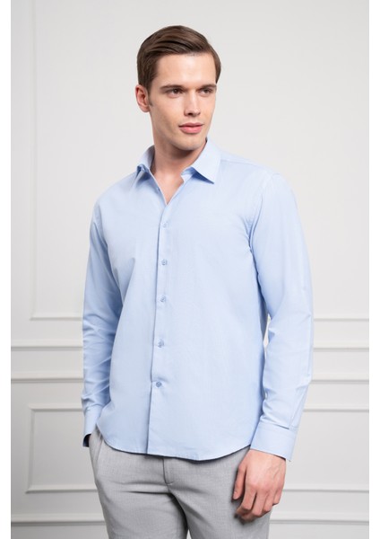 Erkek Mavi Slim Fit Dar Kesim Sert Spor Yaka Gömlek