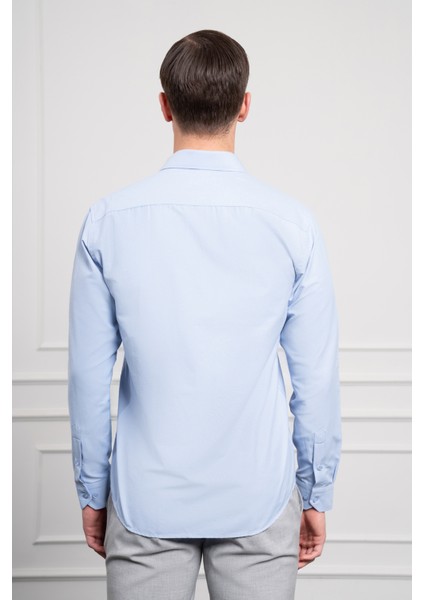 Erkek Mavi Slim Fit Dar Kesim Sert Spor Yaka Gömlek