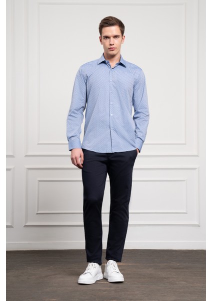 Erkek Mavi Pamuk Trend Regular Fit Sert Yaka Gömlek