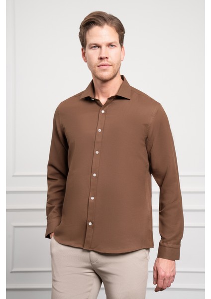 Erkek Kahve Trend Italyan Yaka Slim Fit Dar Kesim Gömlek
