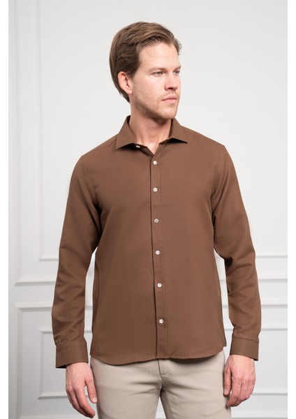 Erkek Kahve Trend Italyan Yaka Slim Fit Dar Kesim Gömlek modelleri