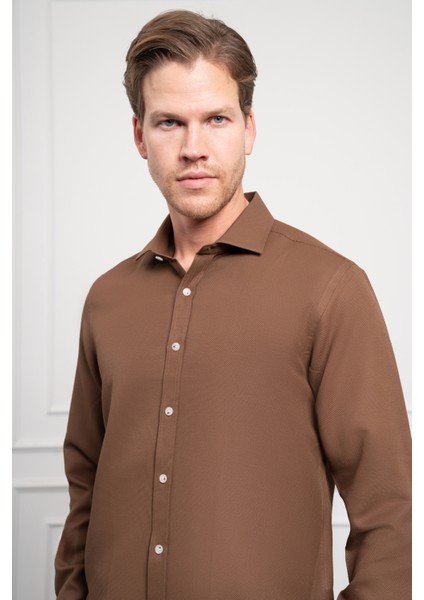 Erkek Kahve Trend Italyan Yaka Slim Fit Dar Kesim Gömlek fırsatları