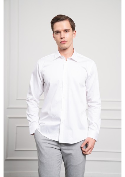 Erkek Beyaz Pamuk Trend Slim Fit Dar Kesim Gömlek