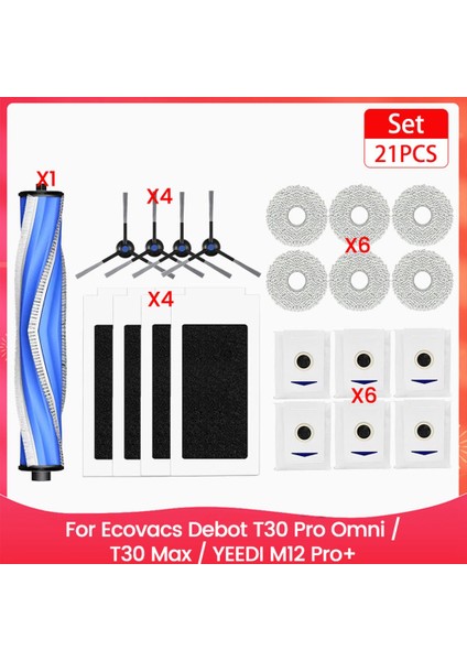 Ecovacs Debot T30 Pro Omni /T30 Max / Yeedı M12 Pro+ Ana Yan Fırça Filtresi Paspas Toz Torbası Yedek Yedek Parçaları (Yurt Dışından)