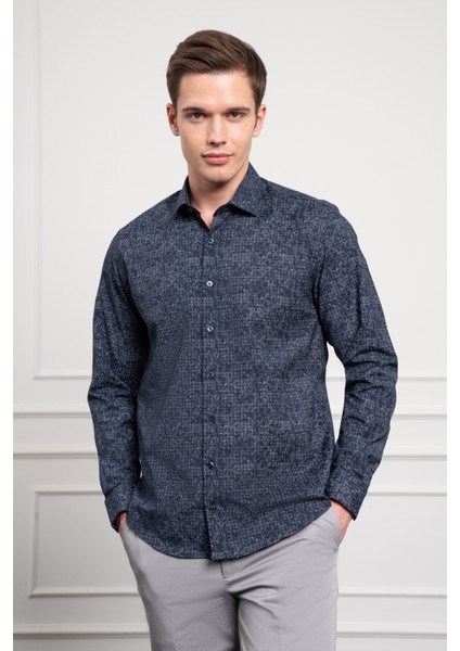 Erkek Koyu Lacivert Trend Dynamic Fit Italyan Yaka Gömlek