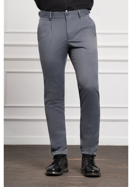 Erkek Lacivert Trend Slim Fit Dar Kesim Pileli Pantolon