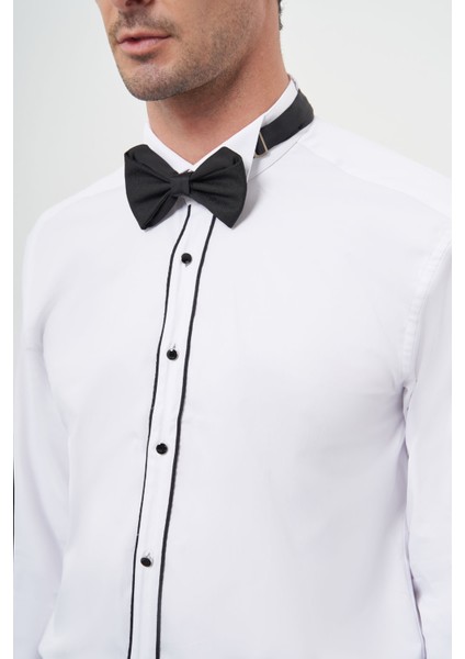 Erkek Siyah Biyeli Slim Fit Ata Yaka Gömlek
