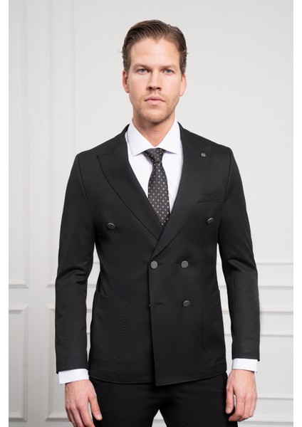 Erkek Siyah Kruvaze Slim Fit Sivri Yaka Takım Elbise