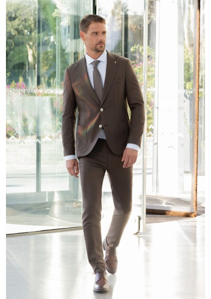 Erkek Kahve Trend Slim Fit Mono Yaka Takım Elbise indirimleri
