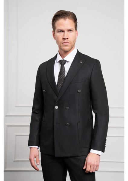 Erkek Siyah Trend Kruvaze Slim Fit Dar Kesim Sivri Yaka Takım Elbise