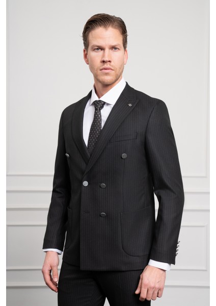 Erkek Siyah Trend Kruvaze Slim Fit Dar Kesim Sivri Yaka Takım Elbise