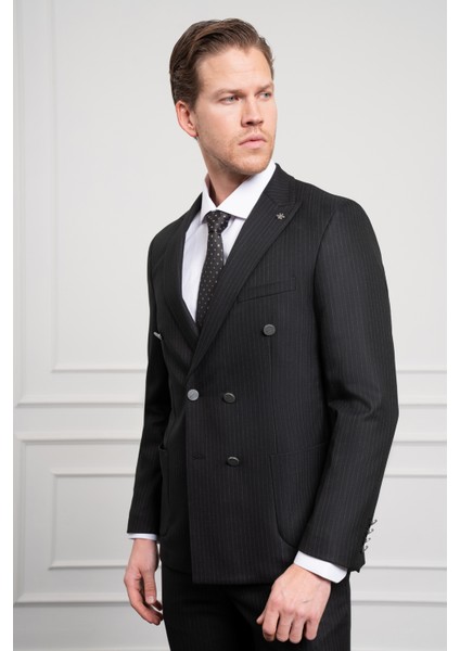 Erkek Siyah Trend Kruvaze Slim Fit Dar Kesim Sivri Yaka Takım Elbise